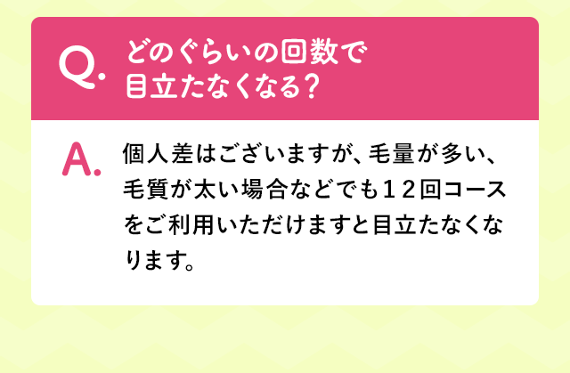 個人差はございますが、毛量が多い、毛質が太い場合などでも１２回コースをご利用いただけますと目立たなくなります。